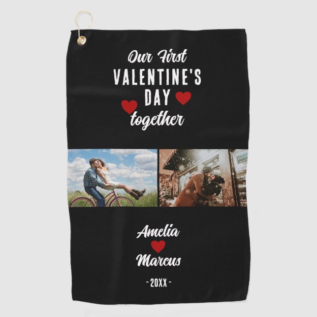 Our First Valentine's Day Together 2 Photos Black Golf Towel (Front)