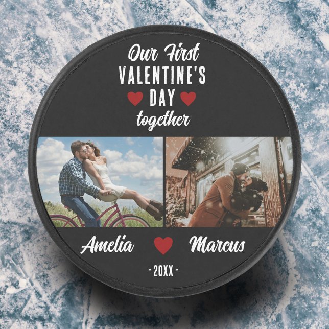 Our First Valentine's Day Together 2 Photos Black Hockey Puck (Creator Uploaded)