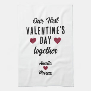 Our First Valentine's Day Together Red Hearts  Tea Towel