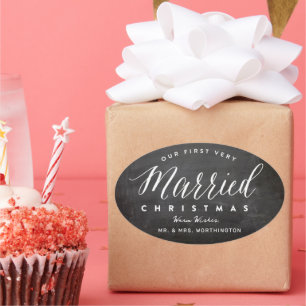 Our First Very Married Christmas Mr & Mrs Wedding Oval Sticker