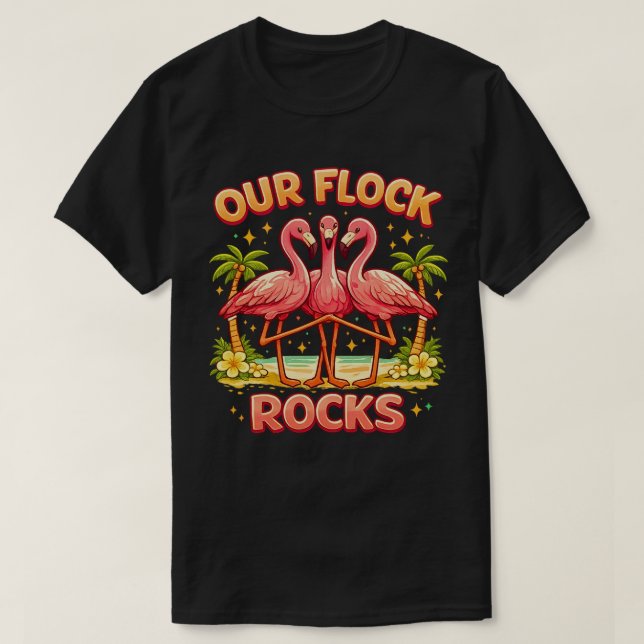 Our Flock Rocks Cute Flamingo Matching T-Shirt (Design Front)