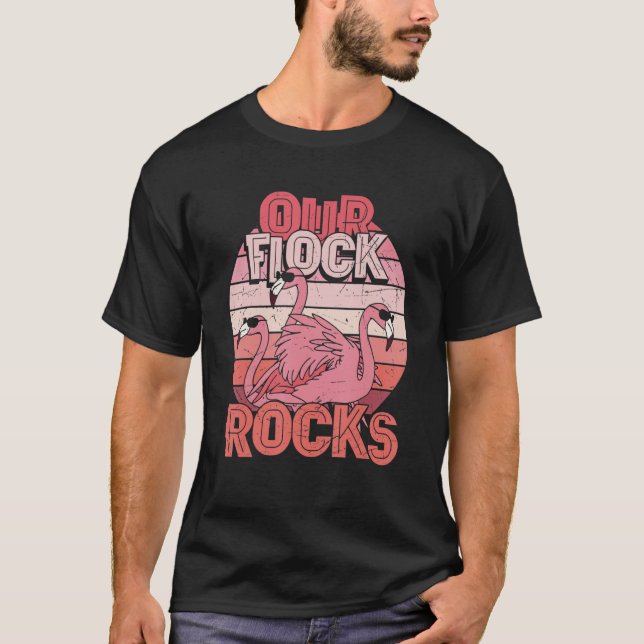 Our Flock Rocks Flamingo Crew  Pink Birds Family M T-Shirt (Front)