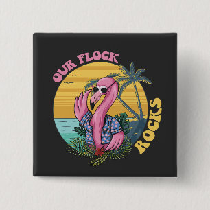 Our Flock Rocks Flamingo Groovy Retro 15 Cm Square Badge