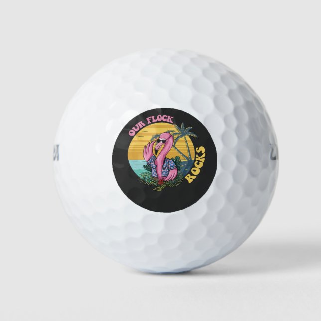 Our Flock Rocks Flamingo Groovy Retro Golf Balls (Front)