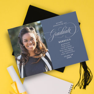 Our Graduate Classic Script Blue Photo Graduation Announcement