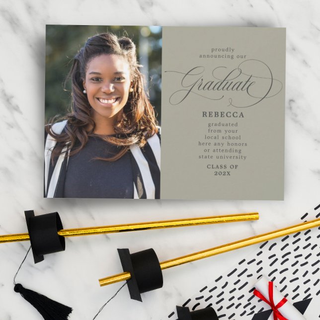 Our Graduate Classic Script Green Photo Graduation Announcement (Creator Uploaded)