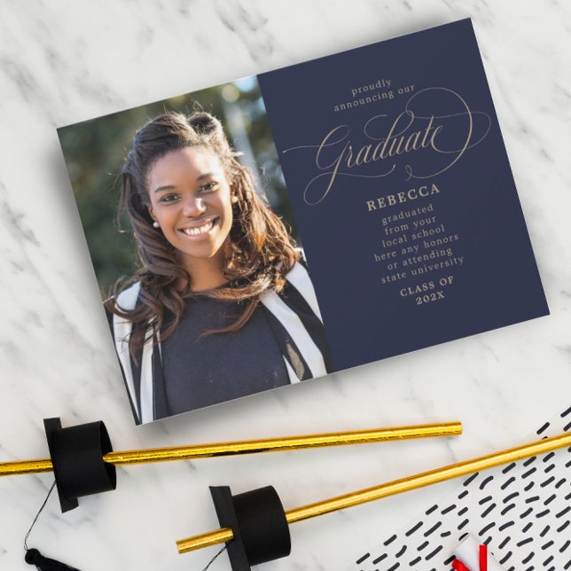 Our Graduate Classic Script Navy Photo Graduation Announcement (Creator Uploaded)