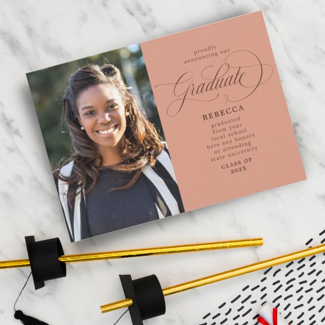 Our Graduate Classic Script Rust Photo Graduation Announcement (Creator Uploaded)