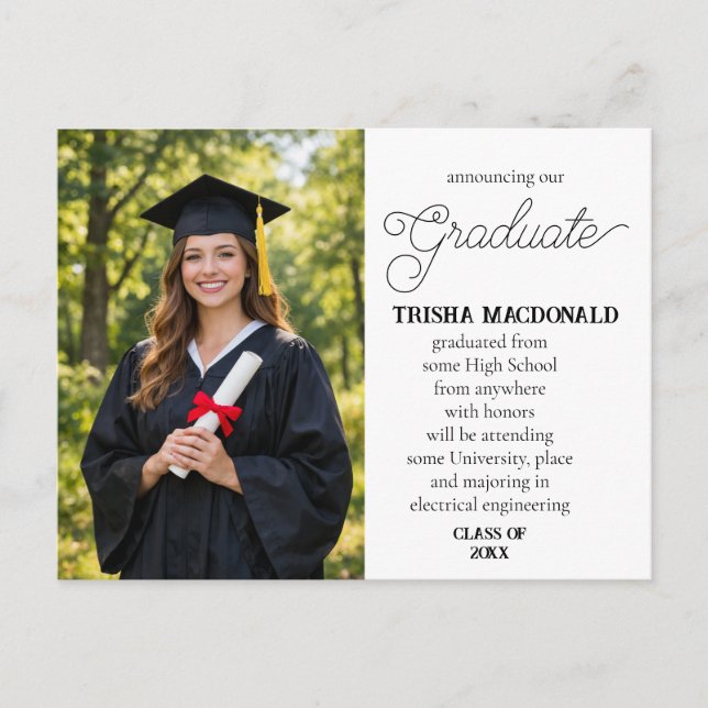 Our Graduate With Photo Graduation Classic Script Announcement Postcard (Front)