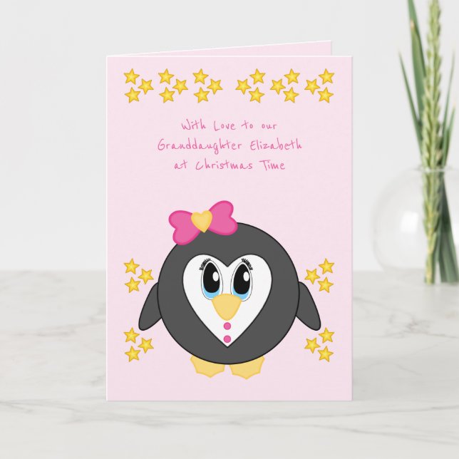 Our Granddaughter at Christmas cute penguin pink Holiday Card (Front)