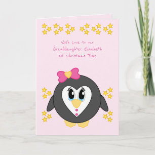 Our Granddaughter at Christmas cute penguin pink Holiday Card