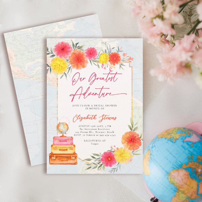 Our Greatest Adventure Floral Travel Theme Bridal Invitation (travel bridal shower invitation floral watercolor world map suitcase tropical hot pink zinnia)