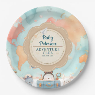 Our Greatest Adventure Vintage Blue Baby Shower Paper Plate