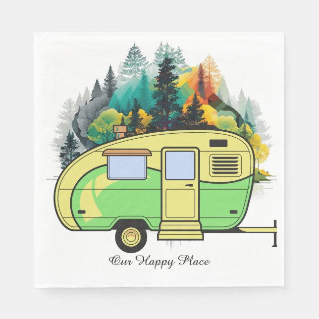 Our Happy Place. Retro Camping Paper Plate Napkin (Front)
