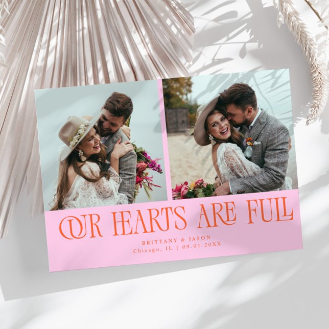 Our Hearts Are Full Orange Pink Wedding Photo  Thank You Card (Creator Uploaded)