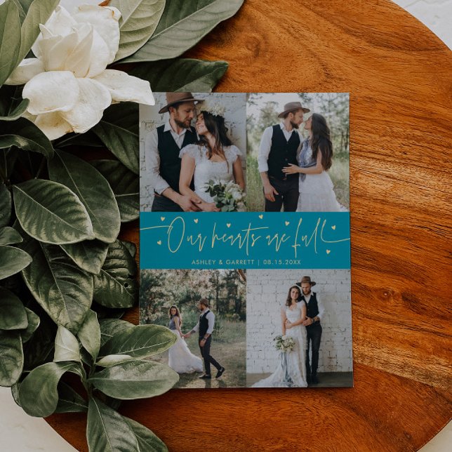 Our Hearts Are Full Wedding Photo Aqua Blue Thank You Card (Creator Uploaded)