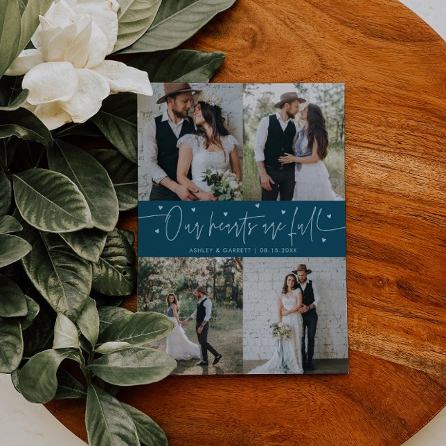 Our Hearts Are Full Wedding Photo Teal Thank You Card (Creator Uploaded)