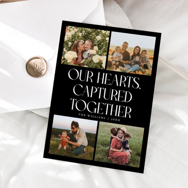 Our Hearts Black Multi Photo Valentines Day  Holiday Card (Creator Uploaded)