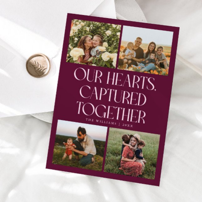 Our Hearts Cranberry Multi Photo Valentines Day  Holiday Card (Creator Uploaded)