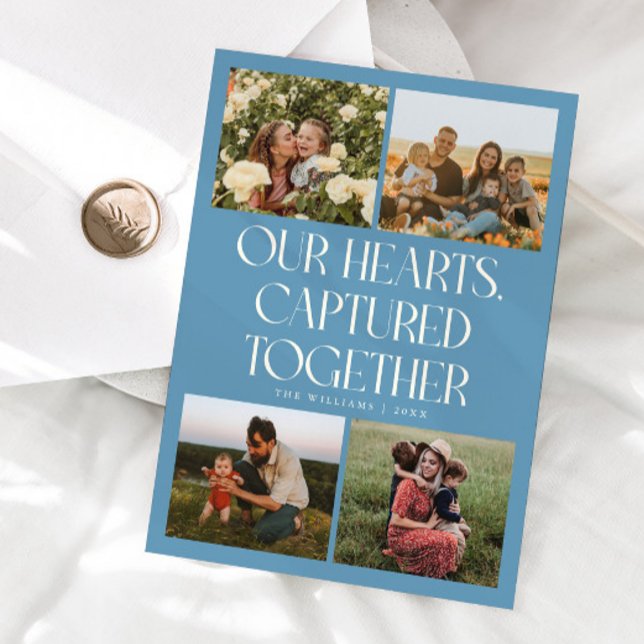 Our Hearts Denim Blue Multi Photo Valentines Day  Holiday Card (Creator Uploaded)