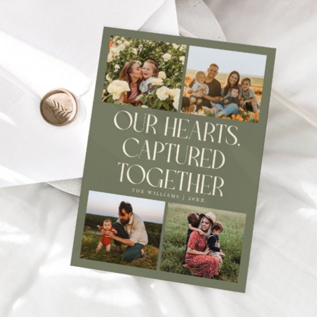 Our Hearts Sage Green Multi Photo Valentines Day  Holiday Card (Creator Uploaded)