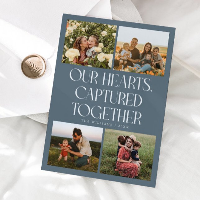 Our Hearts Slate Blue Multi Photo Valentines Day  Holiday Card (Creator Uploaded)