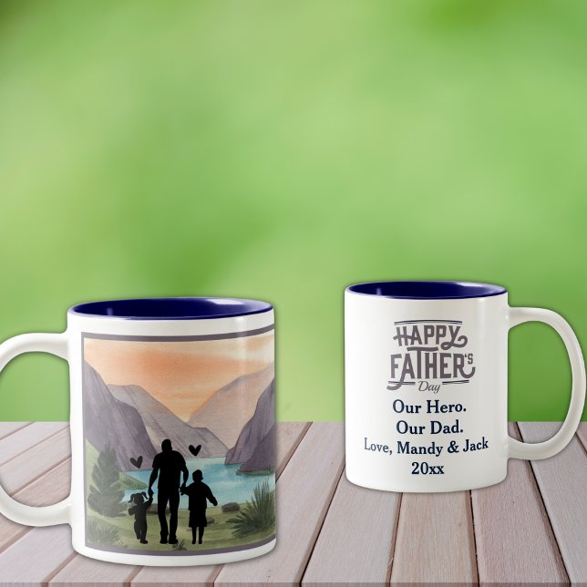 Our Hero, Our Dad. Two-Tone Coffee Mug (Personalize to add your names/dates.  Customize to change text, color or style.)