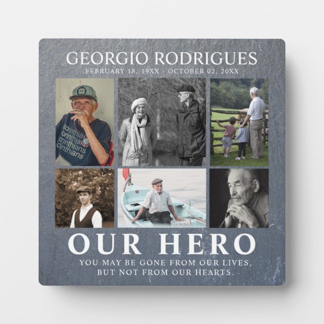 Our Hero Photo Collage Memorial | Gray Slate Plaque (Front)