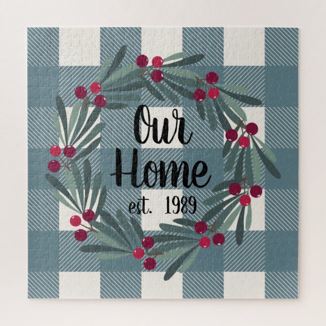Our Home Script Blue/Green Buffalo Check Keepsake Jigsaw Puzzle (Vertical)