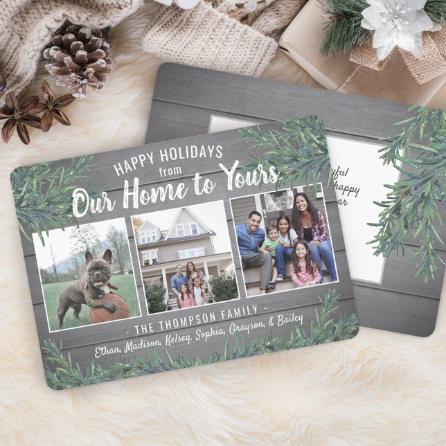 Our Home to Yours Christmas Photo Wood & Greenery Holiday Card (Creator Uploaded)