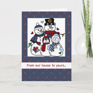 Our House to Yours Snow Family on Blue Christmas Holiday Card