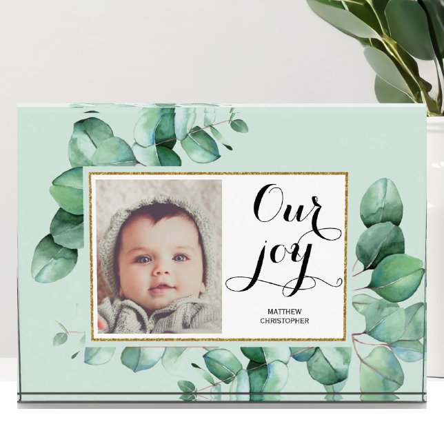 OUR JOY Modern Script Eucalyptus Floral Baby Photo Block (Creator Uploaded)