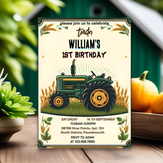 Our kids retro boy cool tractor first 1st birthday invitation (Creator Uploaded)