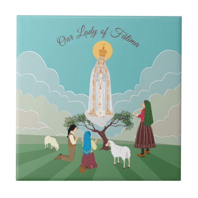 Our Lady of Fatima and the three shepherds Ceramic Tile (Front)