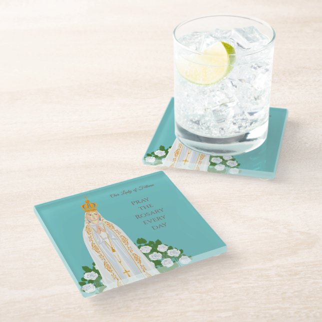 Our Lady of Fatima and white roses Glass Coaster (Angled)