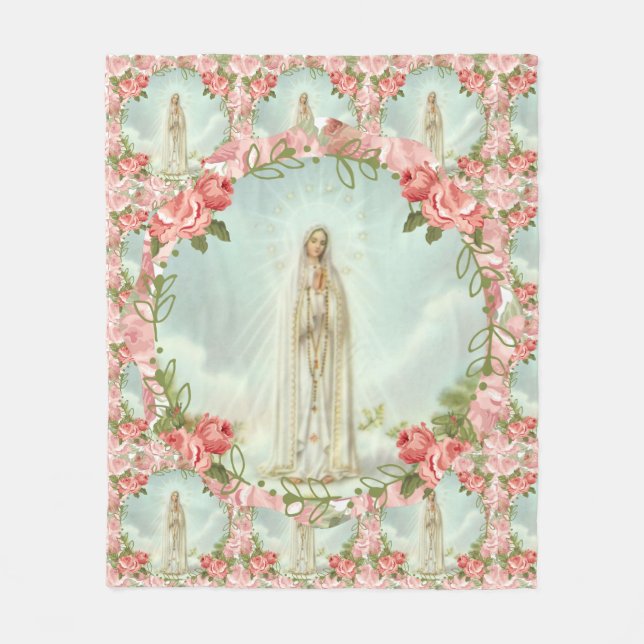 Our Lady of Fatima Pink Roses Fleece Blanket (Front)