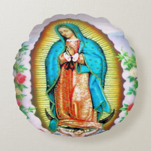 Our Lady of Guadalupe Floral Round Cushion