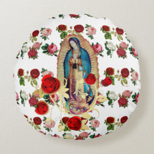 Our Lady of Guadalupe Roses Virgin Mary Saint Round Cushion