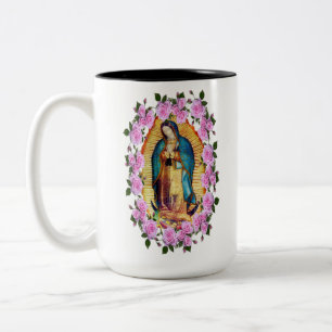 Our Lady of Guadalupe Virgin Mary Pink Roses Two-Tone Coffee Mug