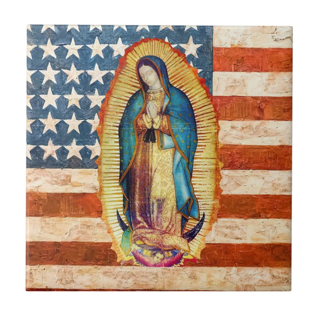 Our Lady of Guadalupe Virgin Mary USA Flag  Ceramic Tile (Front)