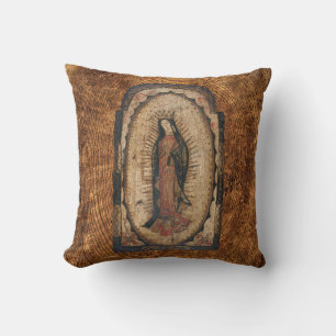 Our Lady of Guadalupe Virgin Mary Wood Look Cushion
