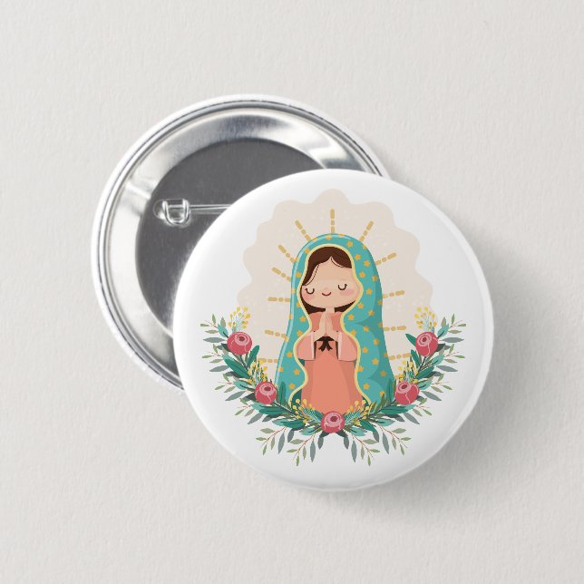 Our Lady of Guadalupe with flowers Kawaii Style 6 Cm Round Badge (Front & Back)