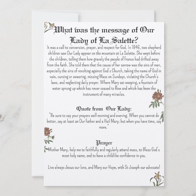 Our Lady of La Salette Prayer Card (Back)