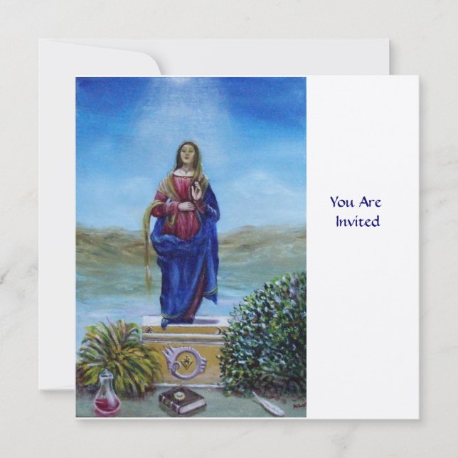 OUR LADY OF LIGHT, white champagne metallic Invitation (Front)