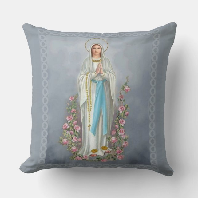 Our Lady of Lourdes Rosary Virgin Mary Roses Cushion (Front)