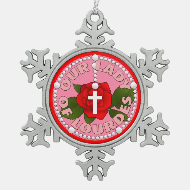 Our Lady of Lourdes Snowflake Pewter Christmas Ornament (Front)