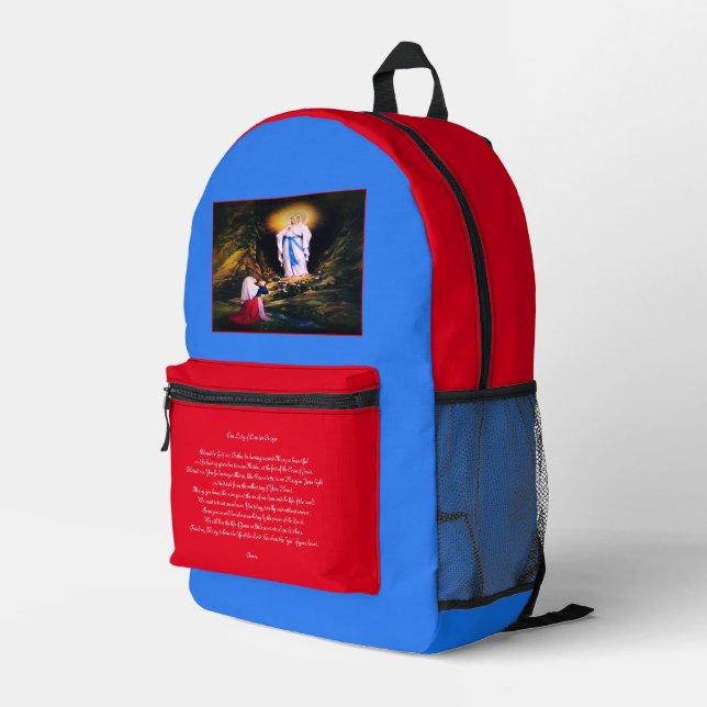 Our Lady of Lourdes with Prayer Printed Backpack (Back Corner Right)