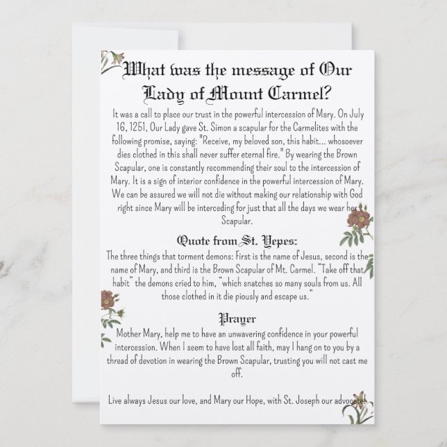 Our Lady of Mount Carmel Prayer Card (Back)