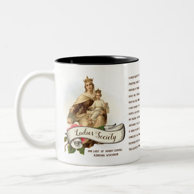 Our Lady of Mount Carmel Prayer Jesus Scapular Two-Tone Coffee Mug (Left)