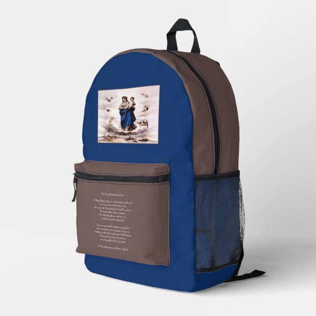 Our Lady of Prompt Succour BW with Prayer Printed Backpack (Back Corner Right)